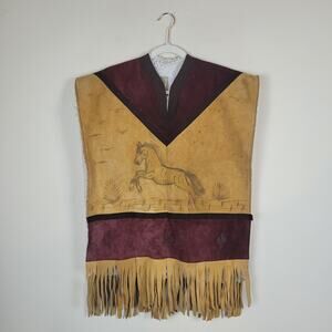 Horse Suede Leather Poncho Gaban Fringe Fur Shearling Western Unisex One Size